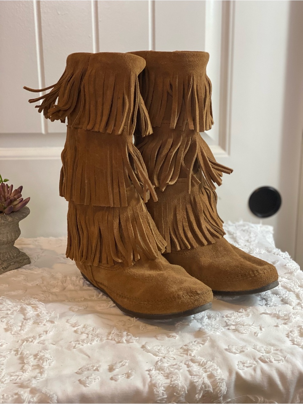 Minnetonka Triple Fringe Suede Boots - Tan